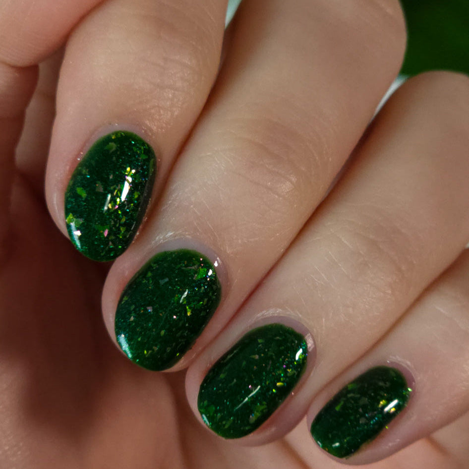 Green Flakie Nail Polish - Indie Nail Polish - Field of Wonder - Side Angle Natural Light Image