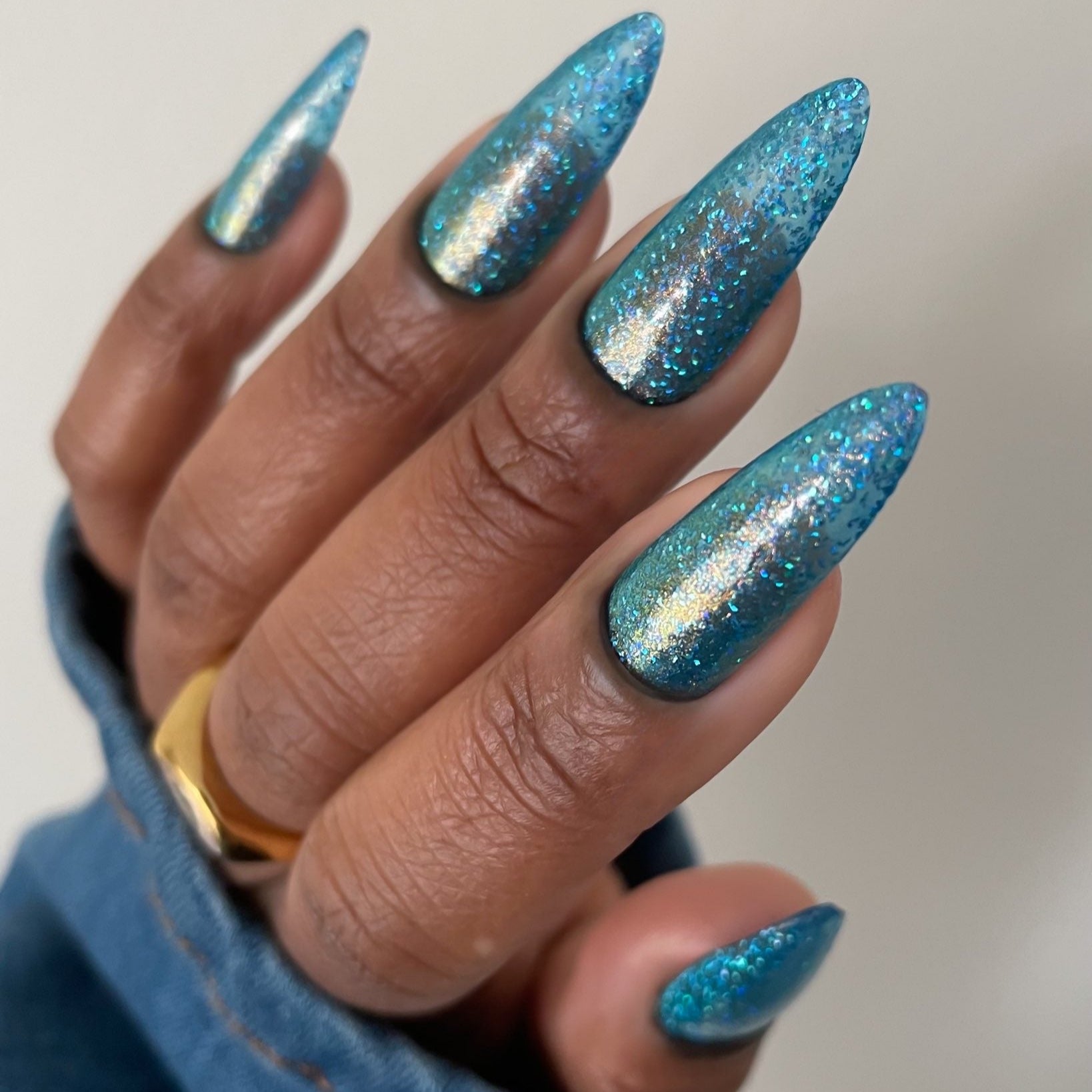 Blue Glitter Nail Polish - Unique Nails - Pondering - Backwards Angle Image
