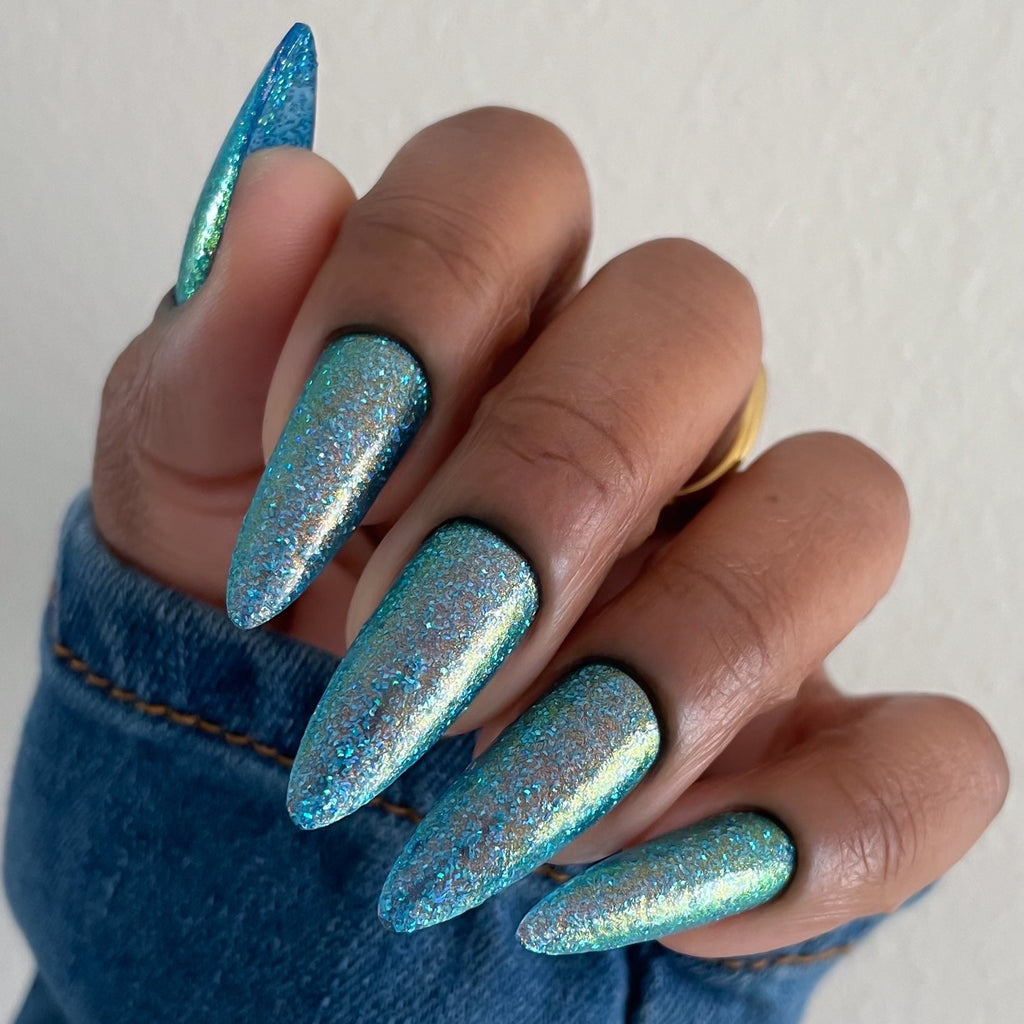 Blue Glitter Nail Polish - Unique Nails - Pondering - Front Full Hand Swatch Image