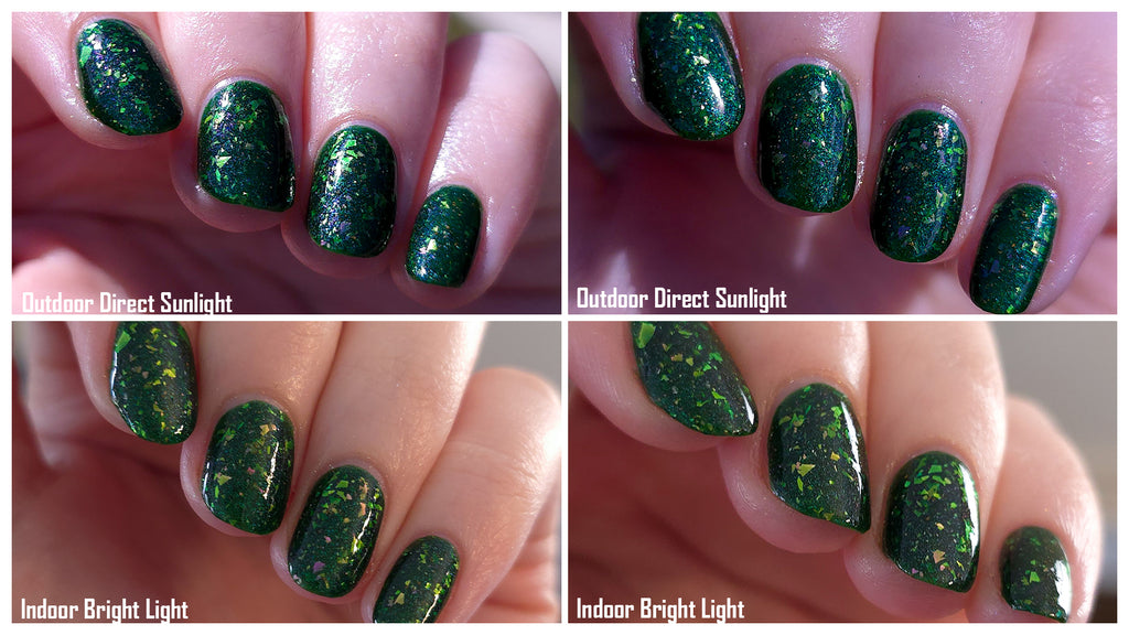 Green Flakie Nail Polish - Indie Nail Polish - Field of Wonder - Lighting Comparison Image