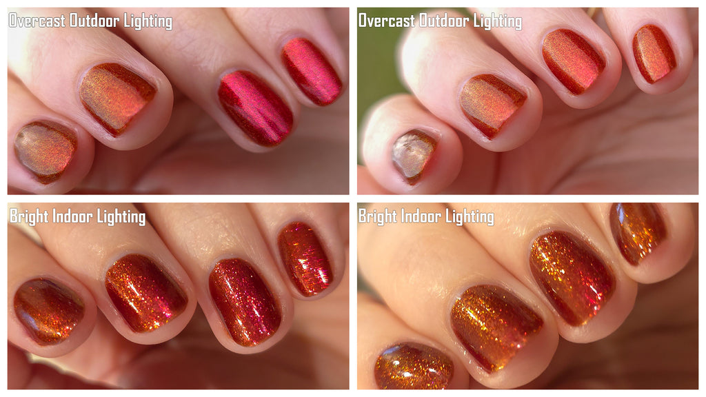 Mahogany Fringe Nail Polish, Shimmer Nail Polish, Lighting Comparison Images