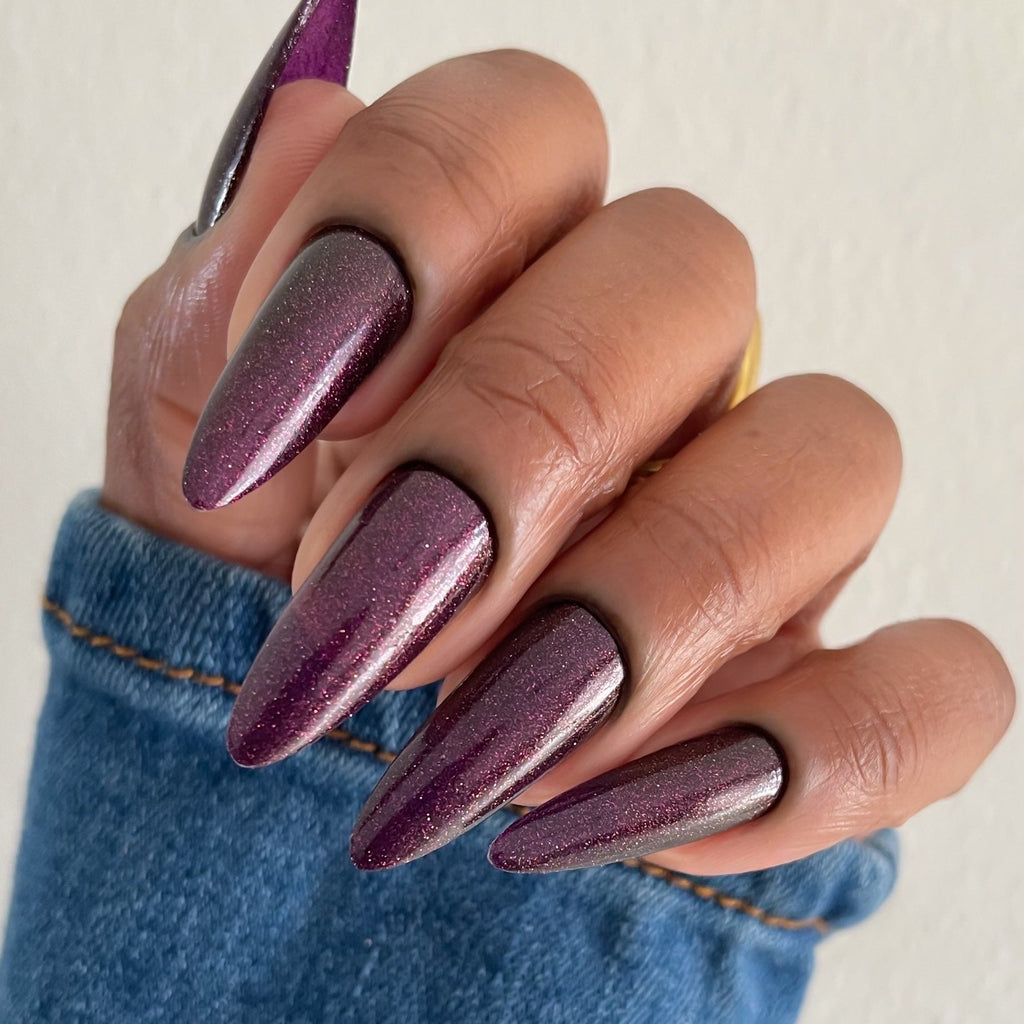 Purple Glitter Nail Polish - Unique Nails- Berry Juice - Claw Angle Skin Tone 1