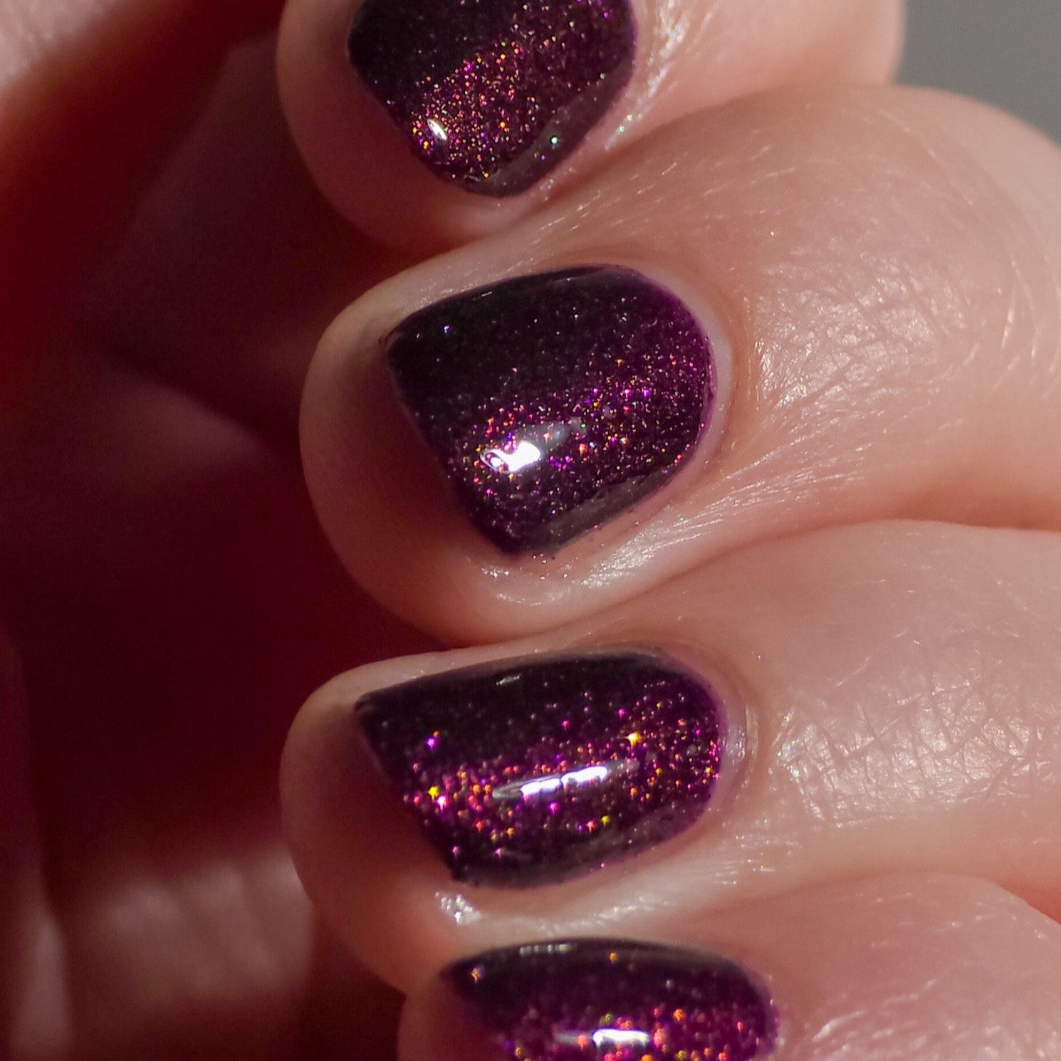 Purple Glitter Nail Polish - Unique Nails- Berry Juice - Orange Shimmer Angle Skin Tone 3
