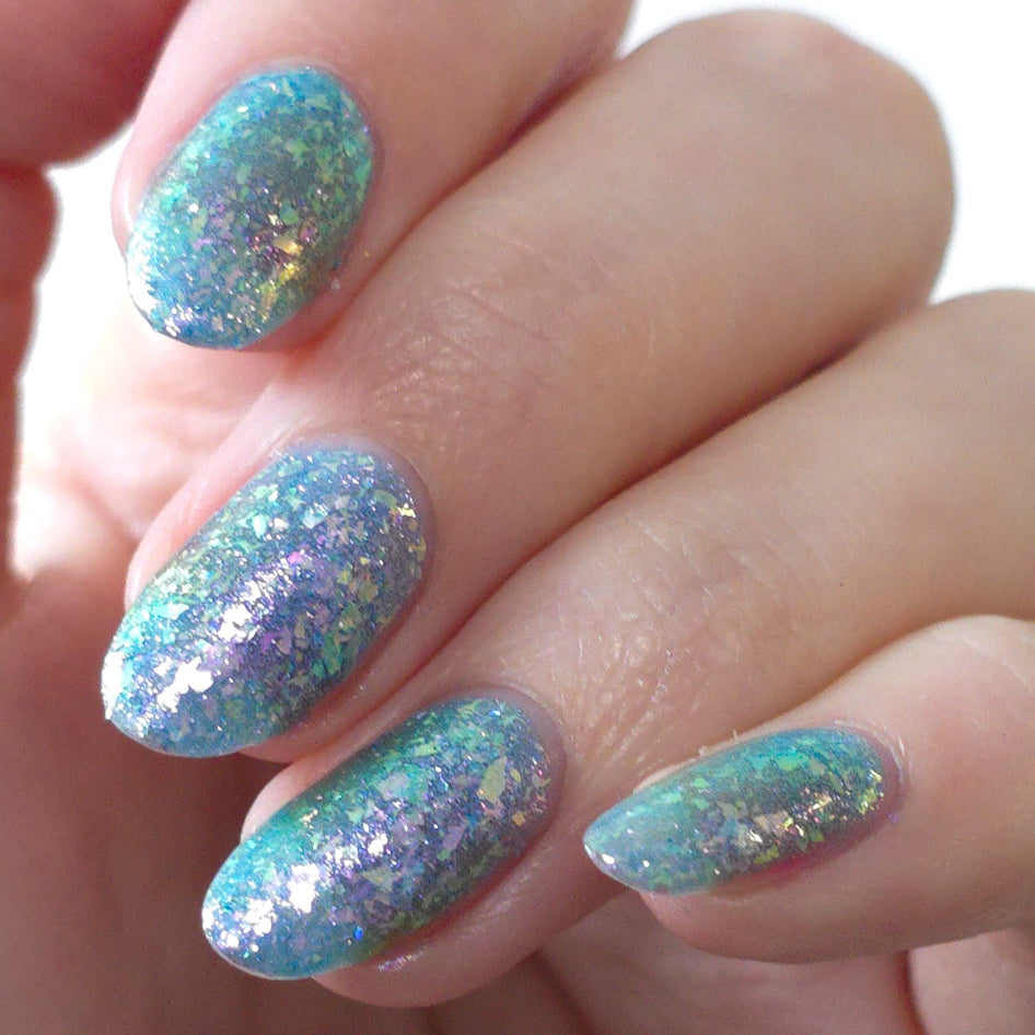 Blue Iridescent Nail Polish, Shimmer Nails, Frost Shard, Natural and Indoor Lighting Angle, sylvanclaw