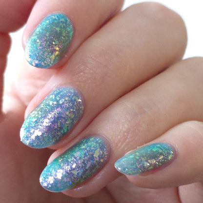 Blue Iridescent Nail Polish, Shimmer Nails, Frost Shard, Natural and Indoor Lighting Angle, sylvanclaw