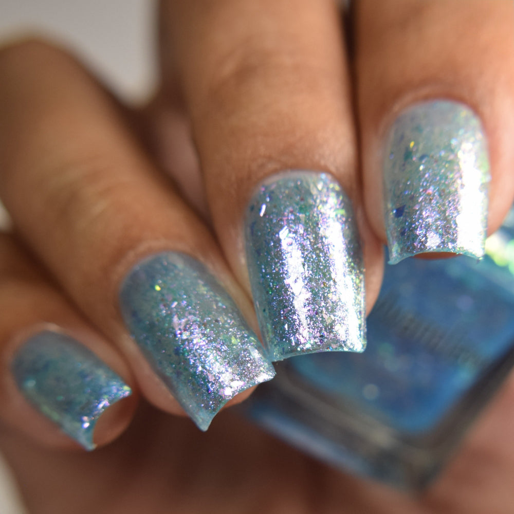 Blue Iridescent Nail Polish, Shimmer Nails, Frost Shard, Side Angle Lighting, thepolishedmage