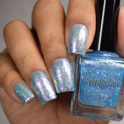 Blue Iridescent Nail Polish, Shimmer Nails, Frost Shard, Full Hand and Bottle Swatch, thepolishedmage
