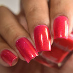 Bright Red Nail Polish, Shimmer Nails, Flame Wall, Side Angle Lighting, thepolishedmage