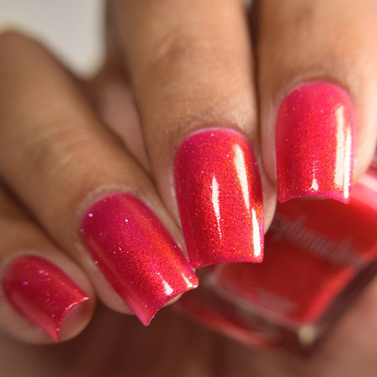 Bright Red Nail Polish, Shimmer Nails, Flame Wall, Side Angle Lighting, thepolishedmage