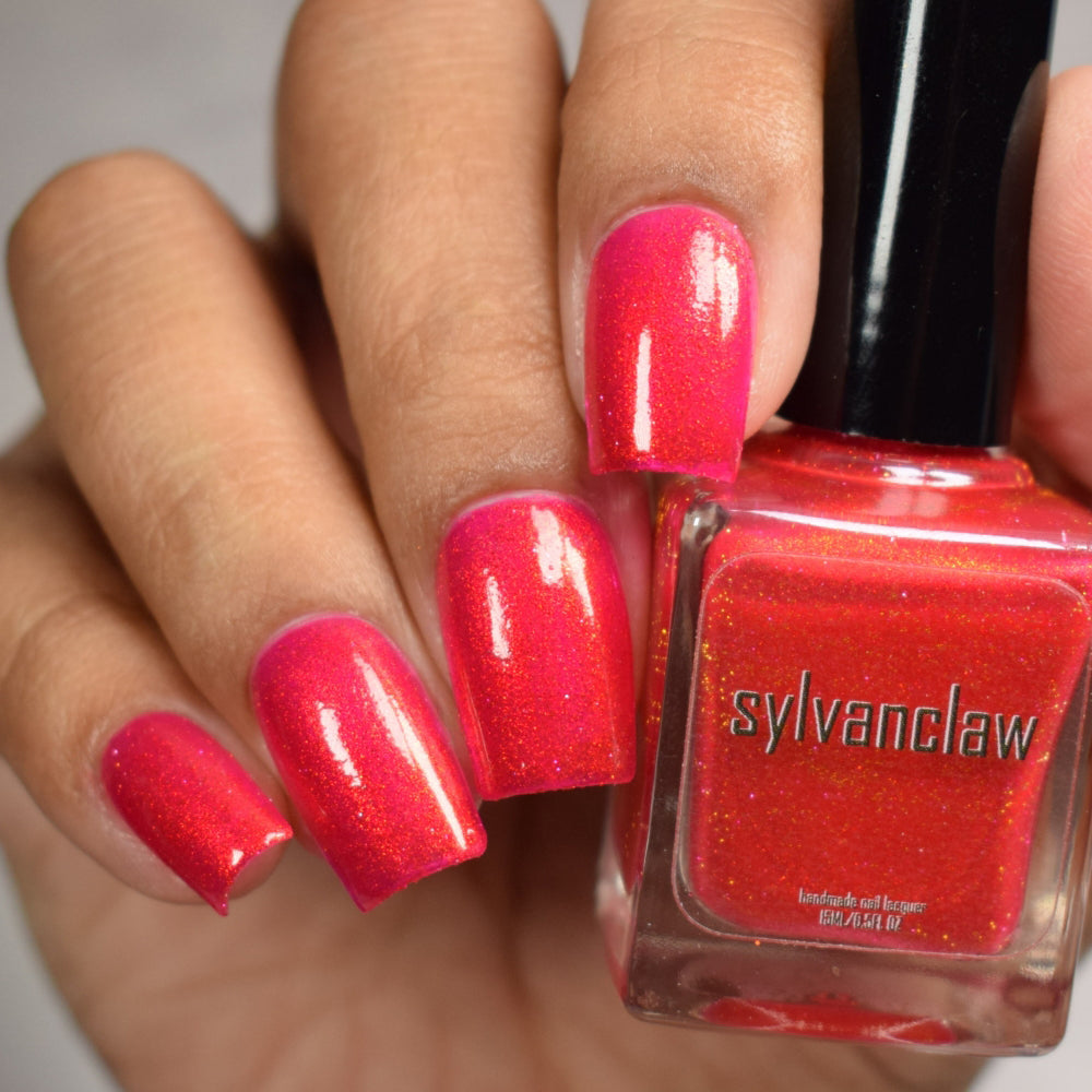 Bright Red Nail Polish, Shimmer Nails, Flame Wall, Full Hand Swatch and Bottle, thepolishedmage