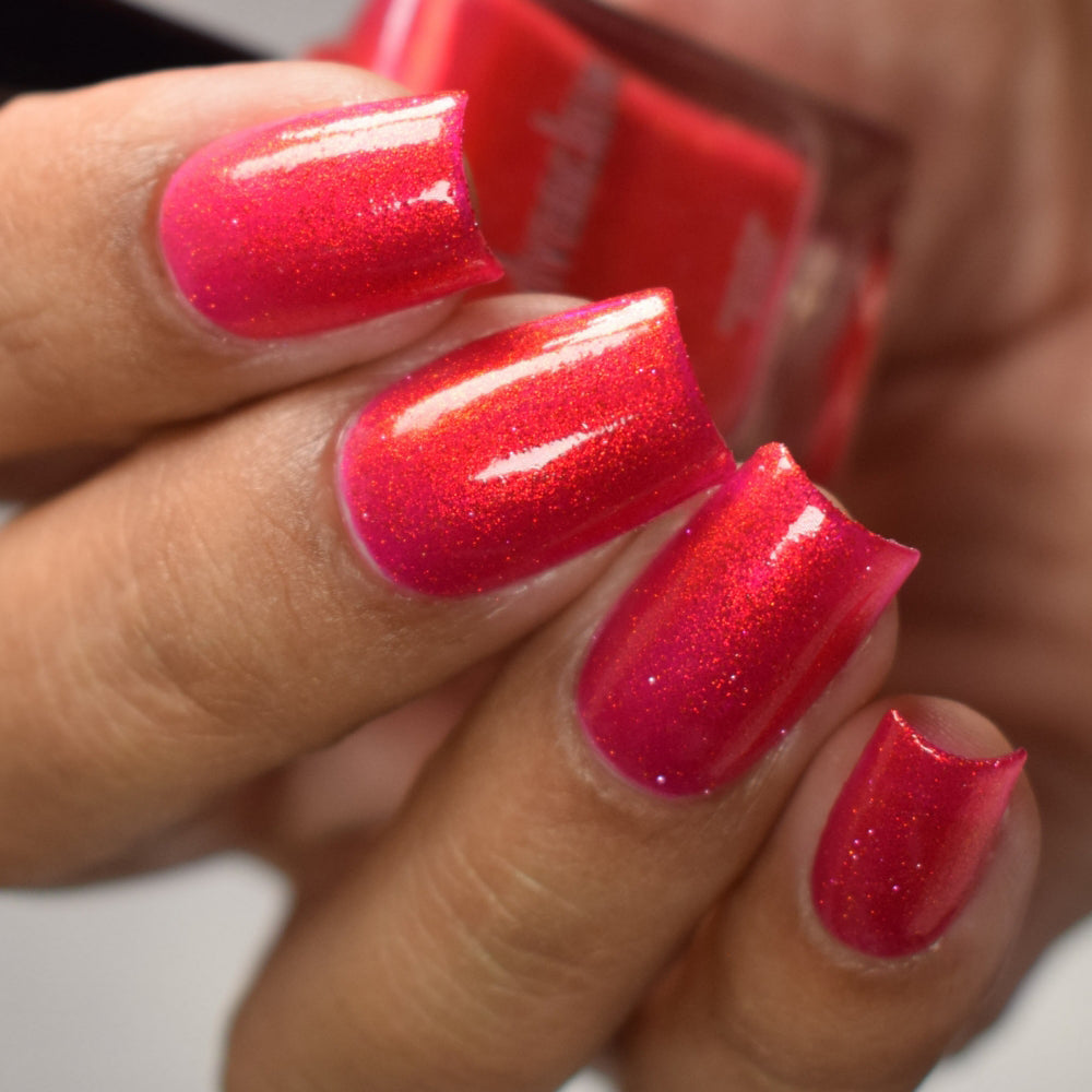 Bright Red Nail Polish, Shimmer Nails, Flame Wall, Top Angle Lighting, thepolishedmage