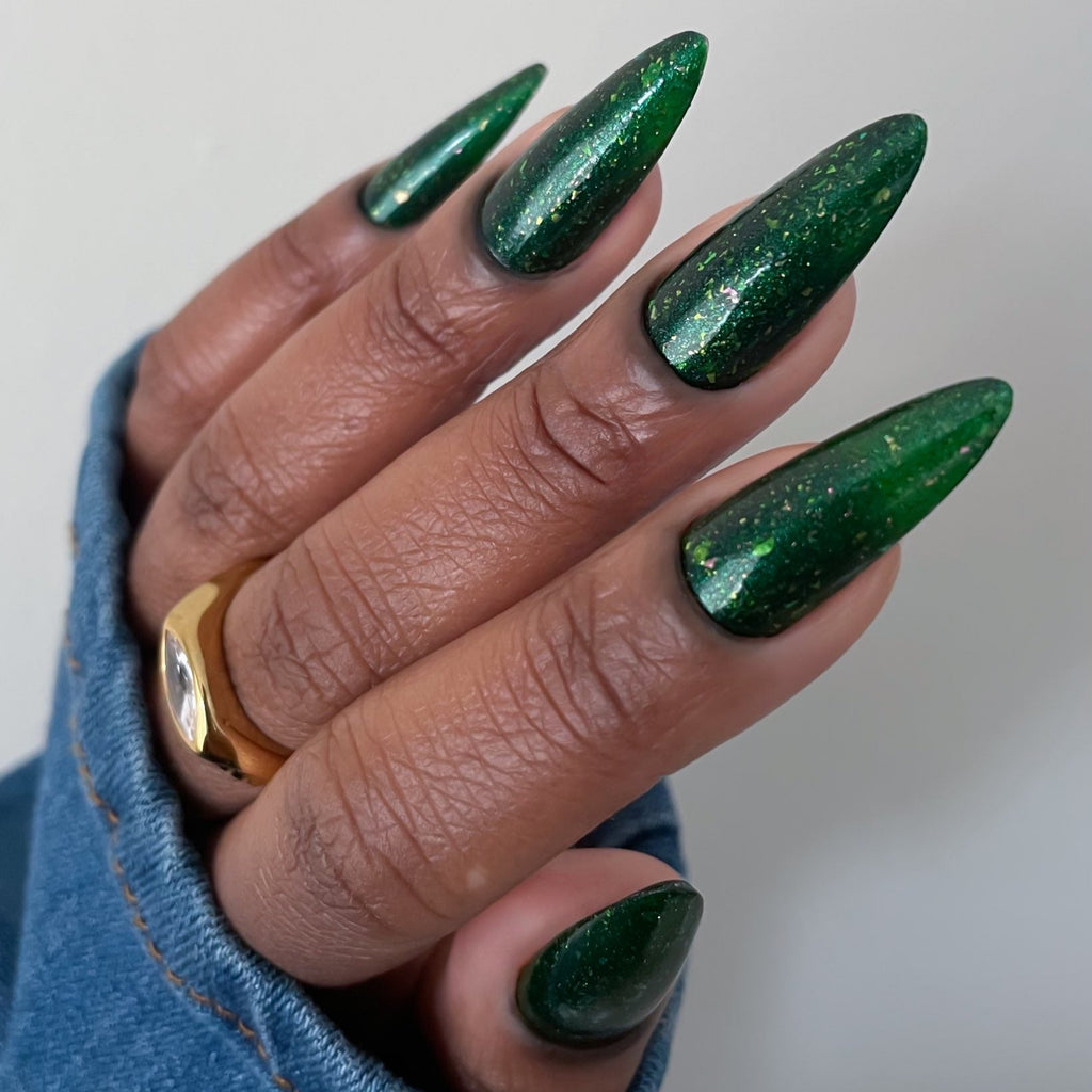 Green Flakie Nail Polish - Indie Nail Polish - Field of Wonder - Side Angle Image