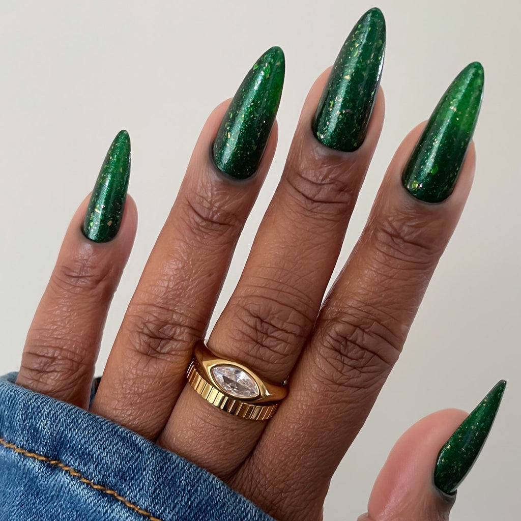 Green Flakie Nail Polish - Indie Nail Polish - Field of Wonder - Full Hand Image