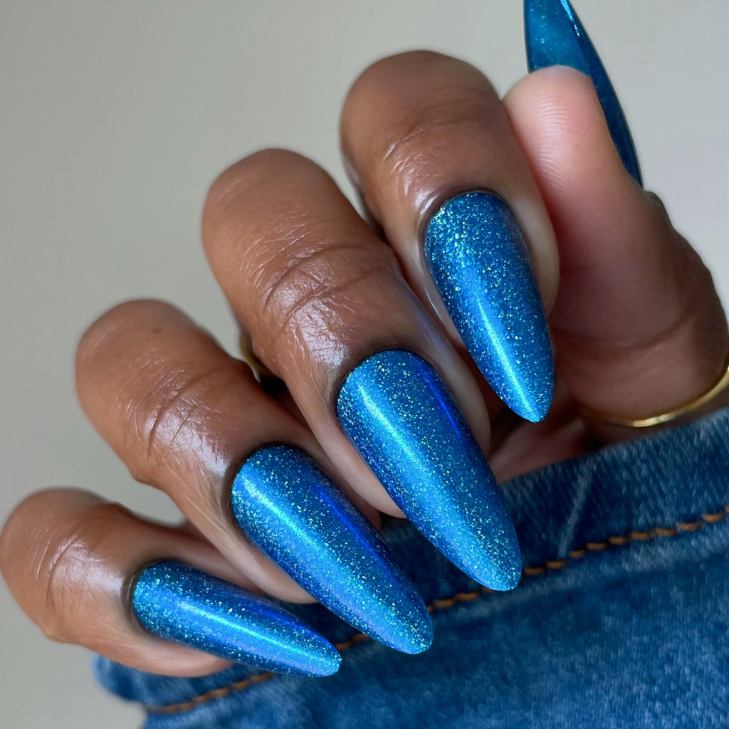 Electric Blue Nail Polish, Shimmer Nails, sylvanclaw, Indirect Light, deeplydipped