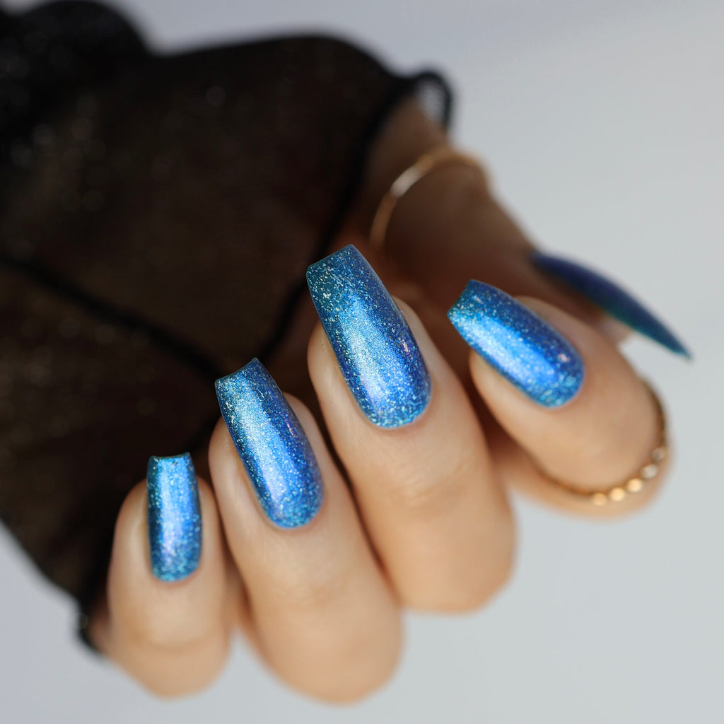 Electric Blue Nail Polish, Shimmer Nails, sylvanclaw, Indirect Light, polishedbookworm