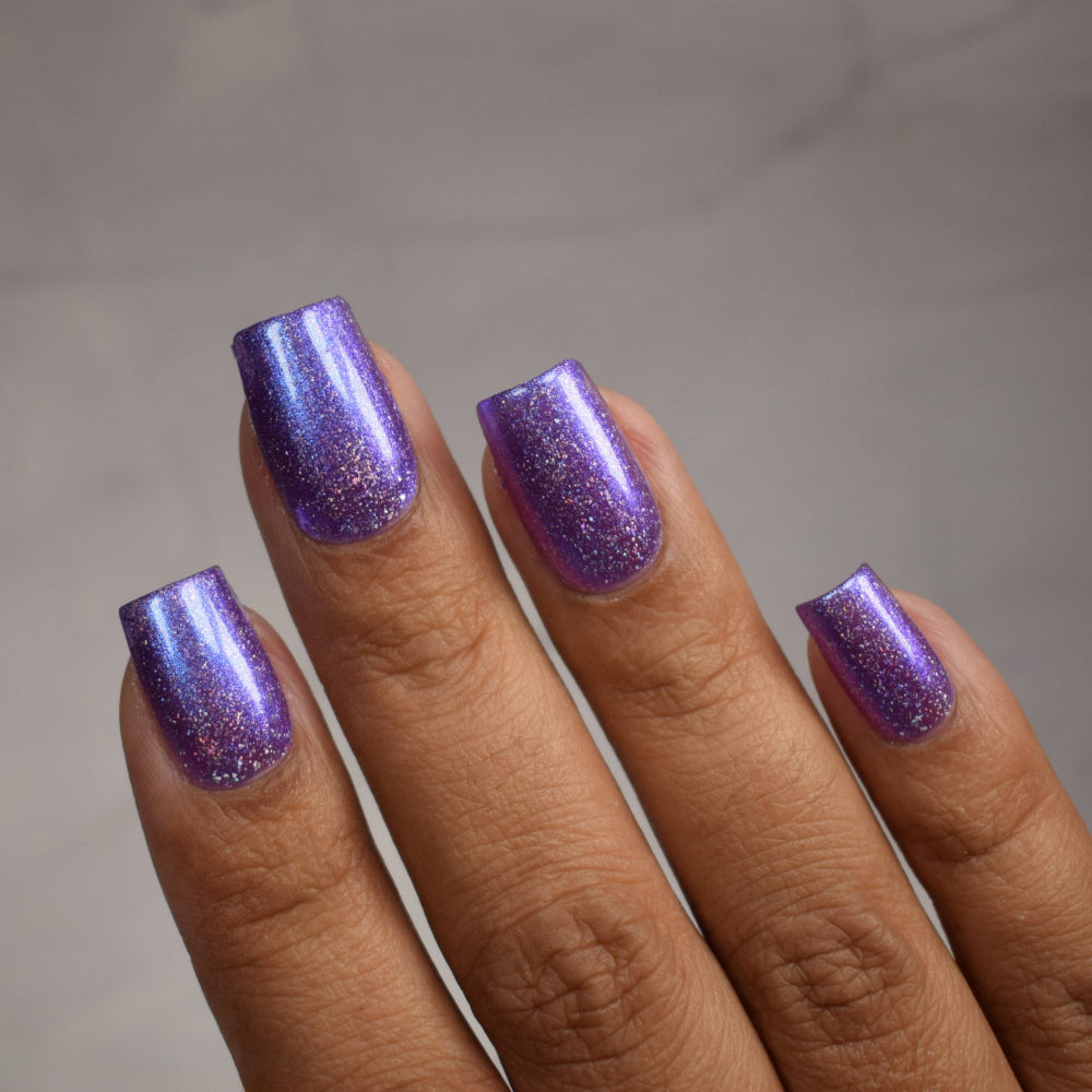 purple holographic nail polish, shimmer nails, sylvanclaw, indirect light, thepolishedmage