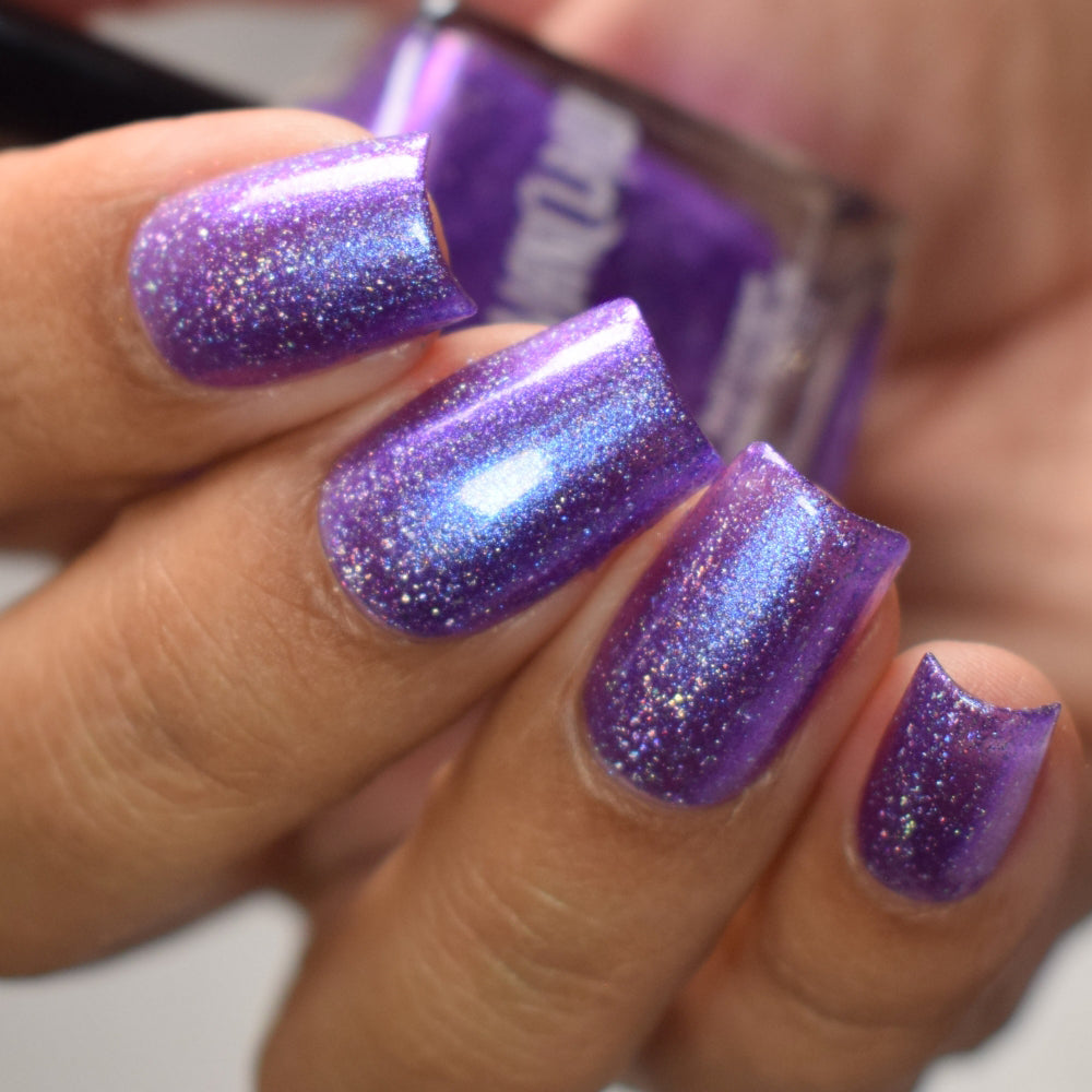 purple holographic nail polish, shimmer nails, sylvanclaw, top down photo, thepolishedmage
