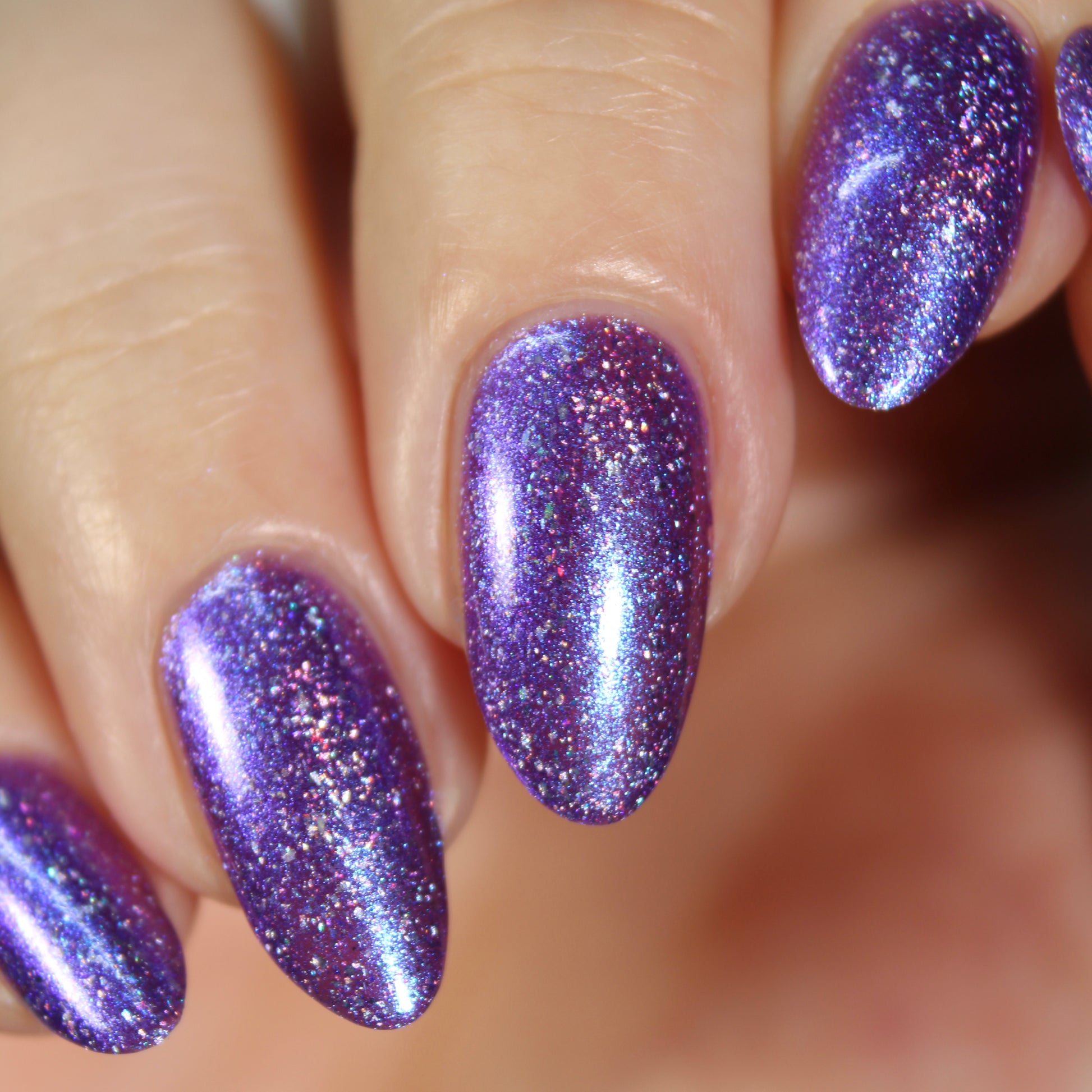 purple holographic nail polish, shimmer nails, sylvanclaw, direct lighting, lovemesomesparkle