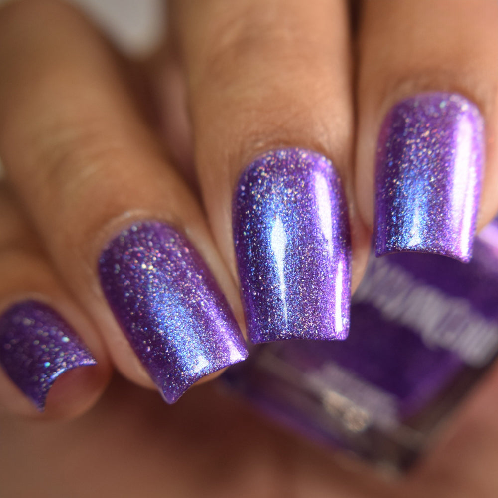 purple holographic nail polish, shimmer nails, sylvanclaw, direct light, thepolishedmage