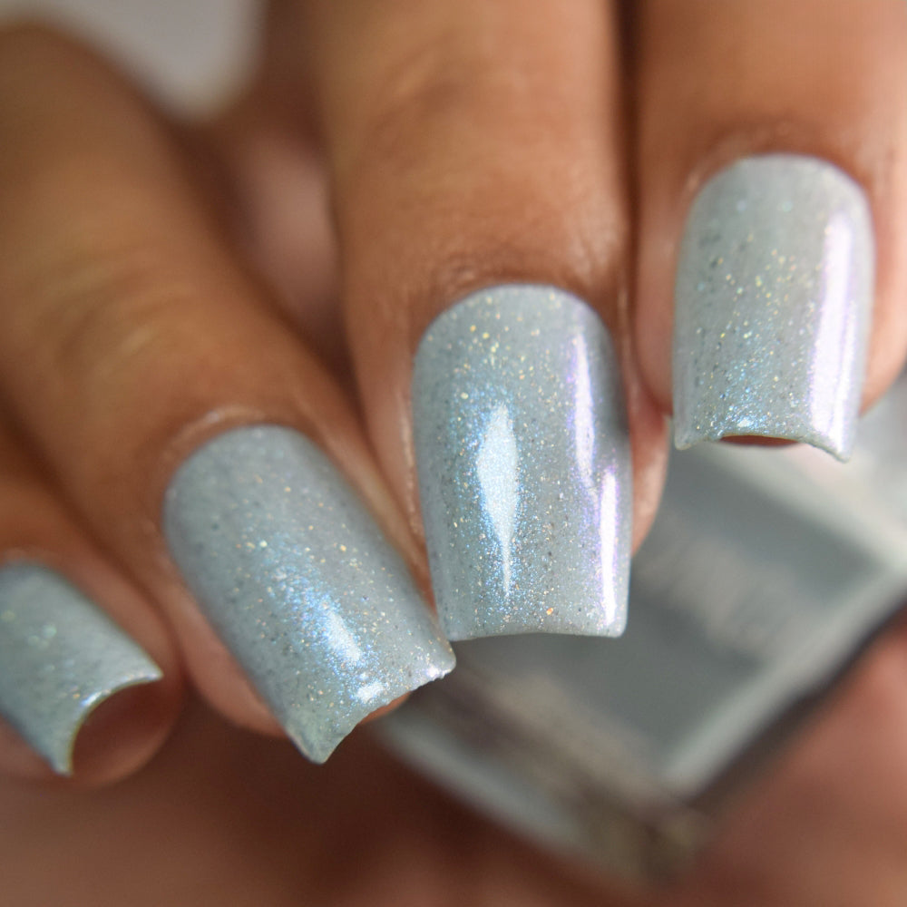 cinderella blue nail polish, shimmer nails, sylvanclaw, direct light, thepolishedmage