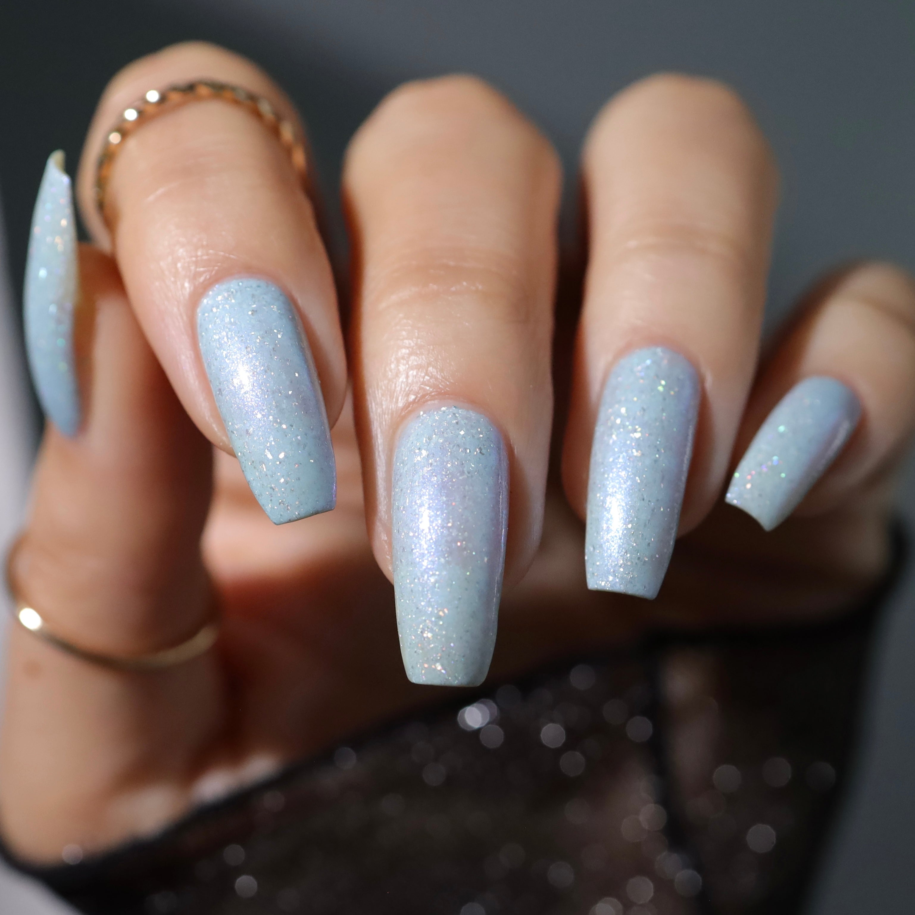 cinderella blue nail polish, shimmer nails, sylvanclaw, direct light, polishedbookworm