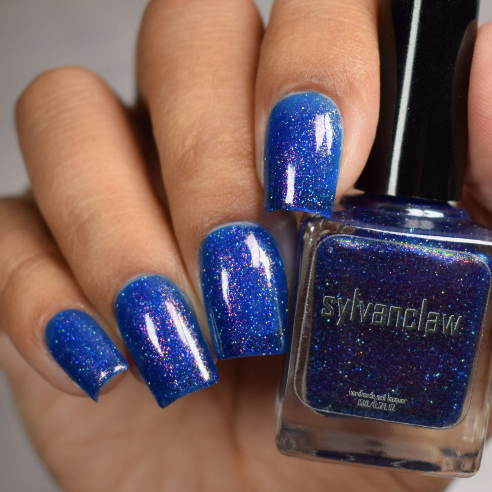 Jelly Nails, Blue Nail Polish, Satin Starlight, Full Hand Swatch with Bottle, thepolishedmage