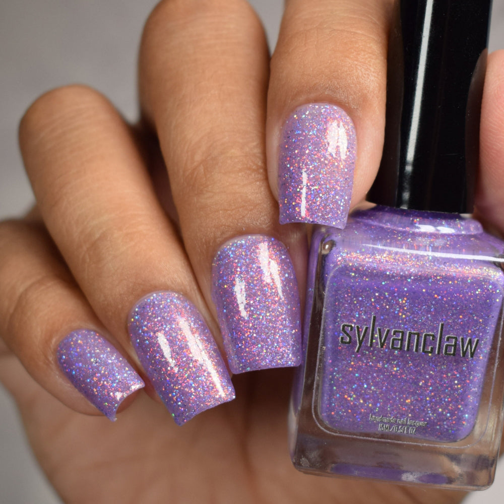 Lavender Nail Polish, Holographic Nail Polish, Crystal Gaze, Full Hand and Bottle Swatch, thepolishedmage