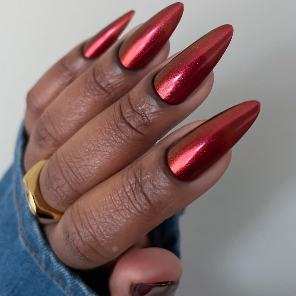 Mahogany Fringe Nail Polish, Shimmer Nail Polish, Side Claw Angle 