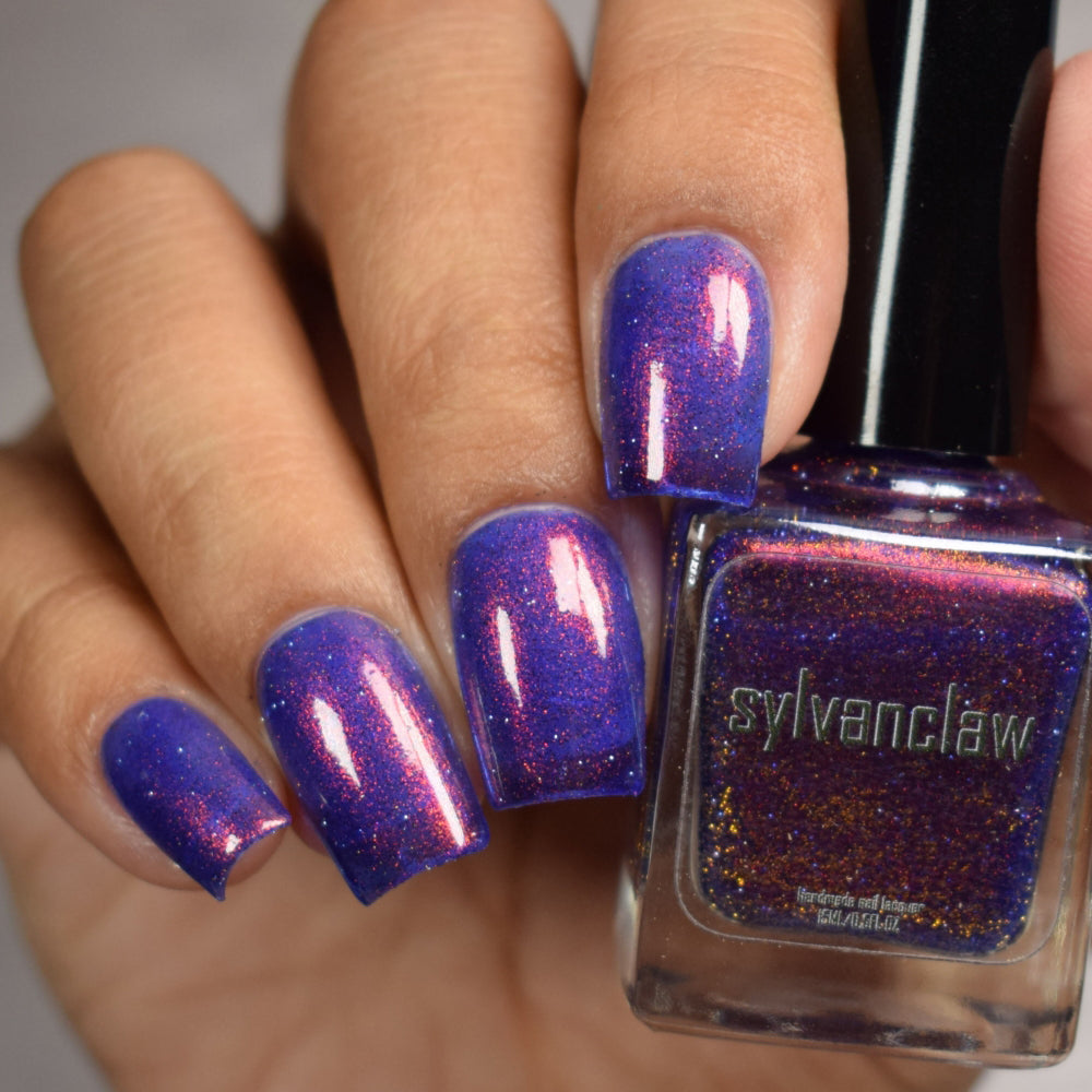 Shimmer Nails, Purple Nail Polish, Candlelit Scrawl, Full Hand Swatch and Bottle, thepolishedmage