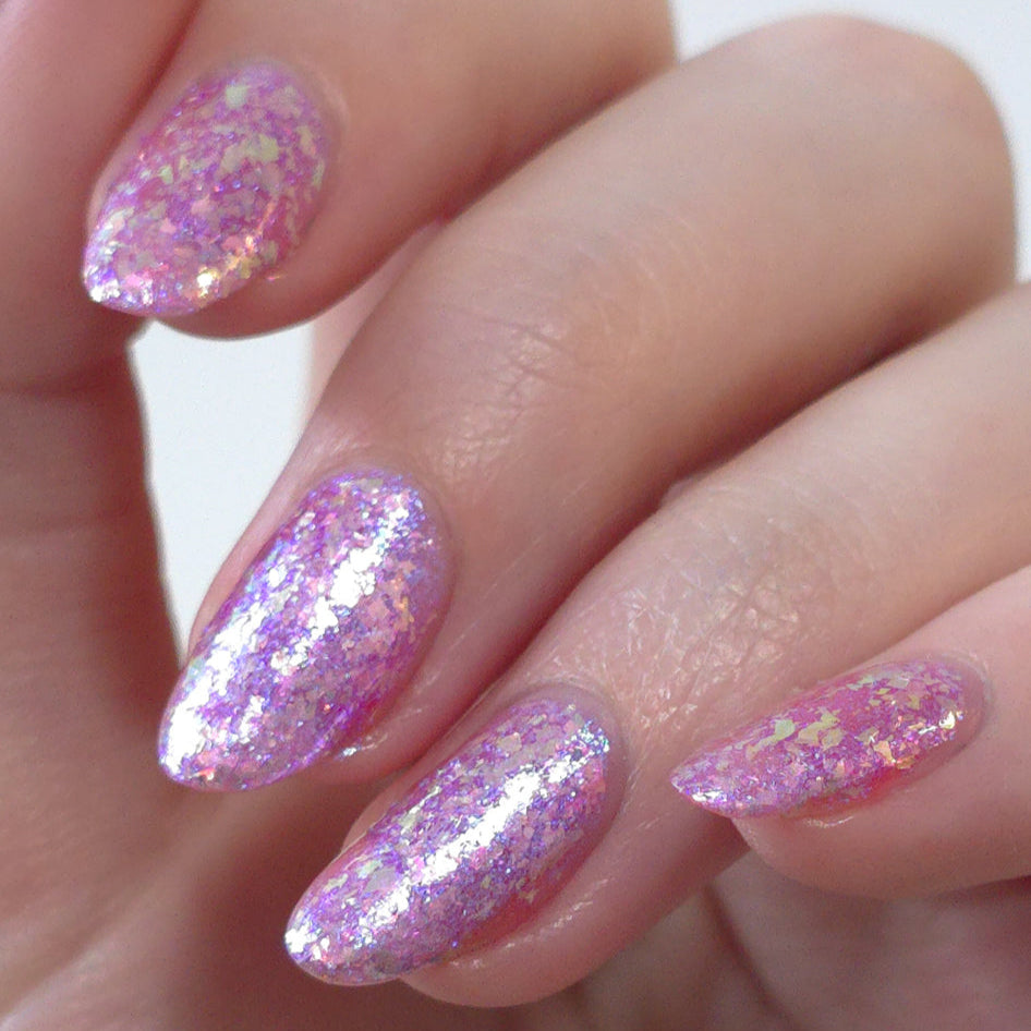 Sheer Pink Flakie Nail Polish, Shimmer Nails, Oh My Unicorn, Combo Natural and Indoor Lighting, sylvanclaw