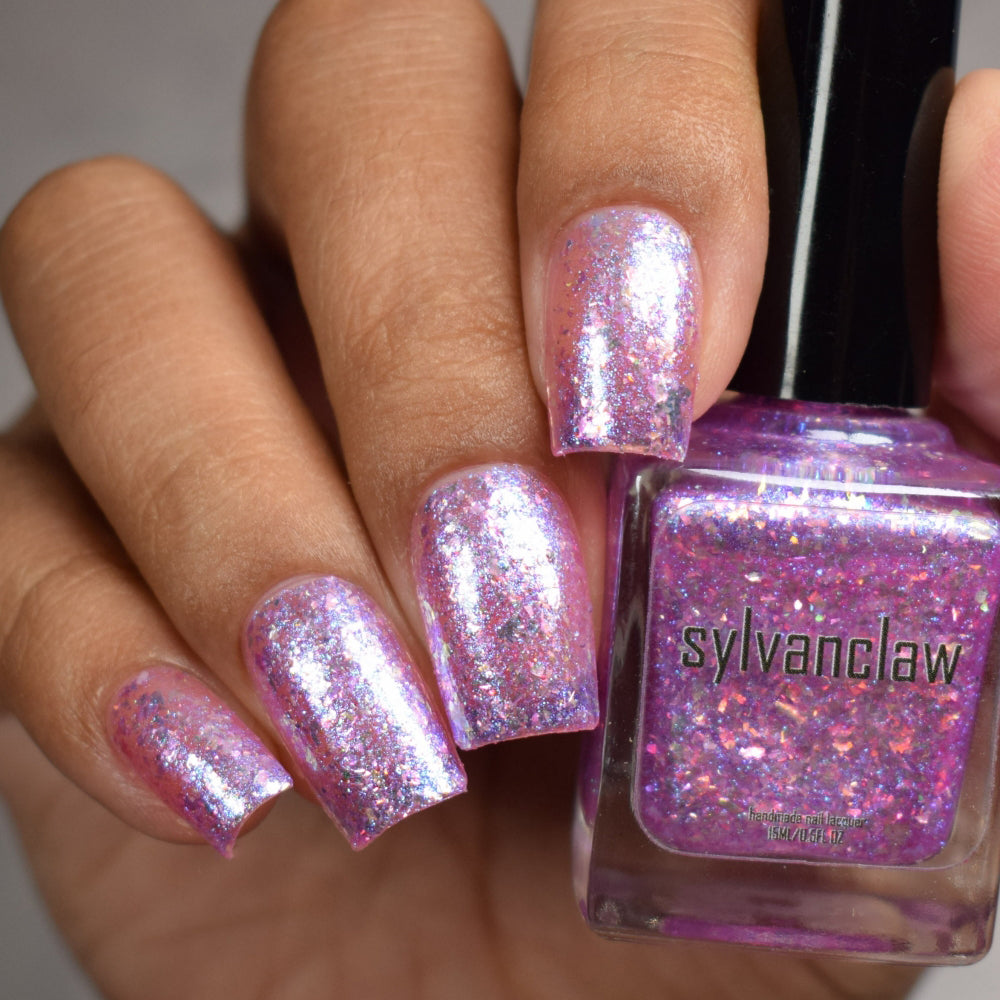 Sheer Pink Flakie Nail Polish, Shimmer Nails, Oh My Unicorn, Full Hand Bottle Swatch, thepolishedmage