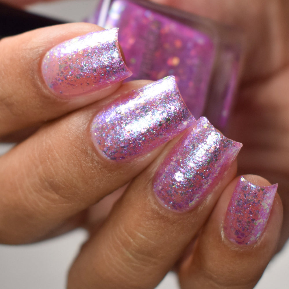 Sheer Pink Flakie Nail Polish, Shimmer Nails, Oh My Unicorn, Top Angle Swatch, thepolishedmage