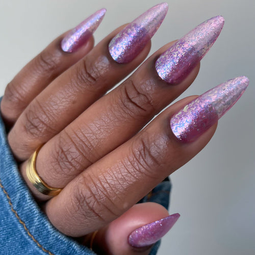 Sheer Pink Flakie Nail Polish, Shimmer Nails, Oh My Unicorn, Full Hand Swatch, deeplydipped