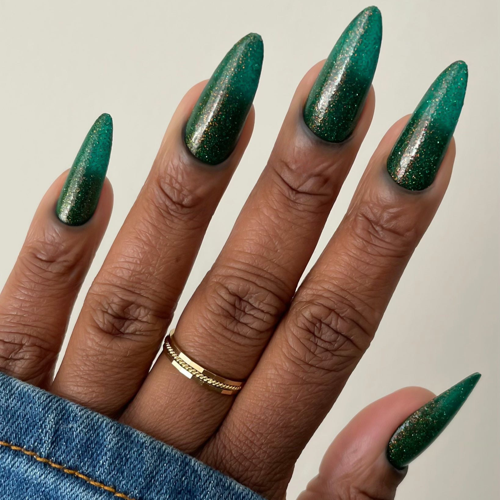 Green Glitter Nail Polish, Shimmer Nails, Magic Eater, Full Hand Swatch, deeplydipped