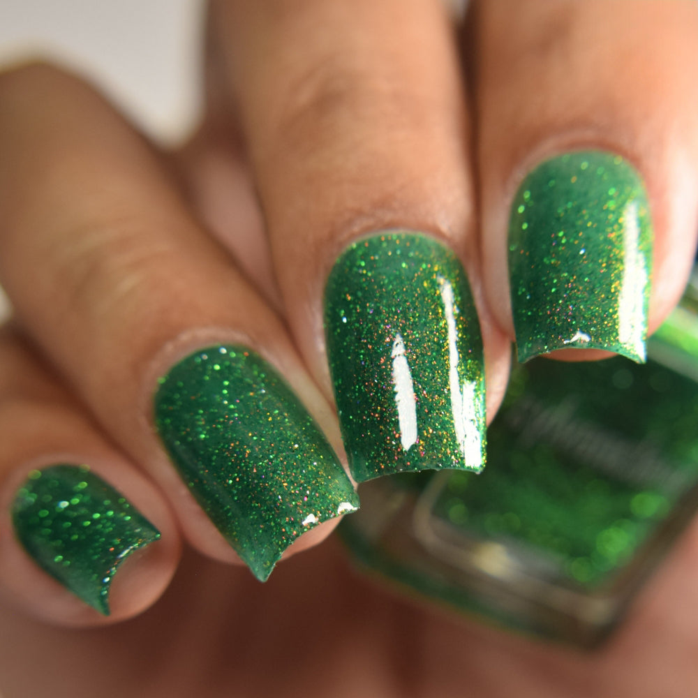 Green Glitter Nail Polish, Shimmer Nails, Magic Eater, Side Angle Lighting, thepolishedmage