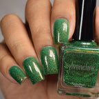 Green Glitter Nail Polish, Shimmer Nails, Magic Eater, Full Hand and Bottle Swatch, thepolishedmage
