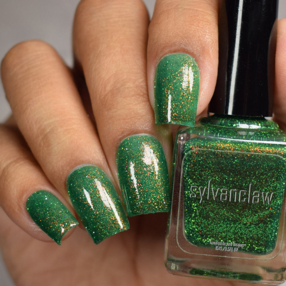 Green Glitter Nail Polish, Shimmer Nails, Magic Eater, Full Hand and Bottle Swatch, thepolishedmage