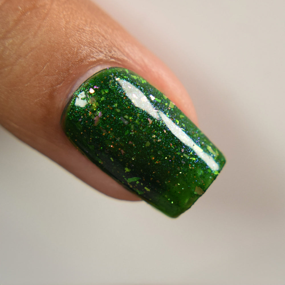 Green Flakie Nail Polish - Indie Nail Polish - Field of Wonder -  Macro Image