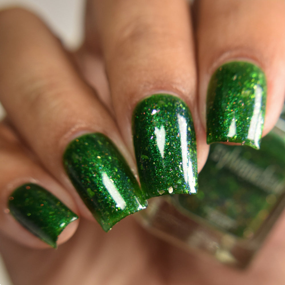 Green Flakie Nail Polish - Indie Nail Polish - Field of Wonder -  Top Angle Image