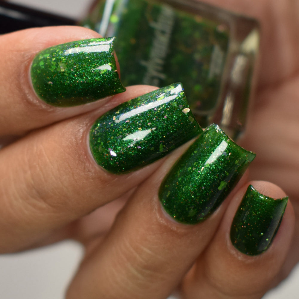 Green Flakie Nail Polish - Indie Nail Polish - Field of Wonder -  Top Down Angle