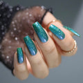 teal holographic nail polish, shimmer nails, sylvanclaw, direct light, polishedbookworm