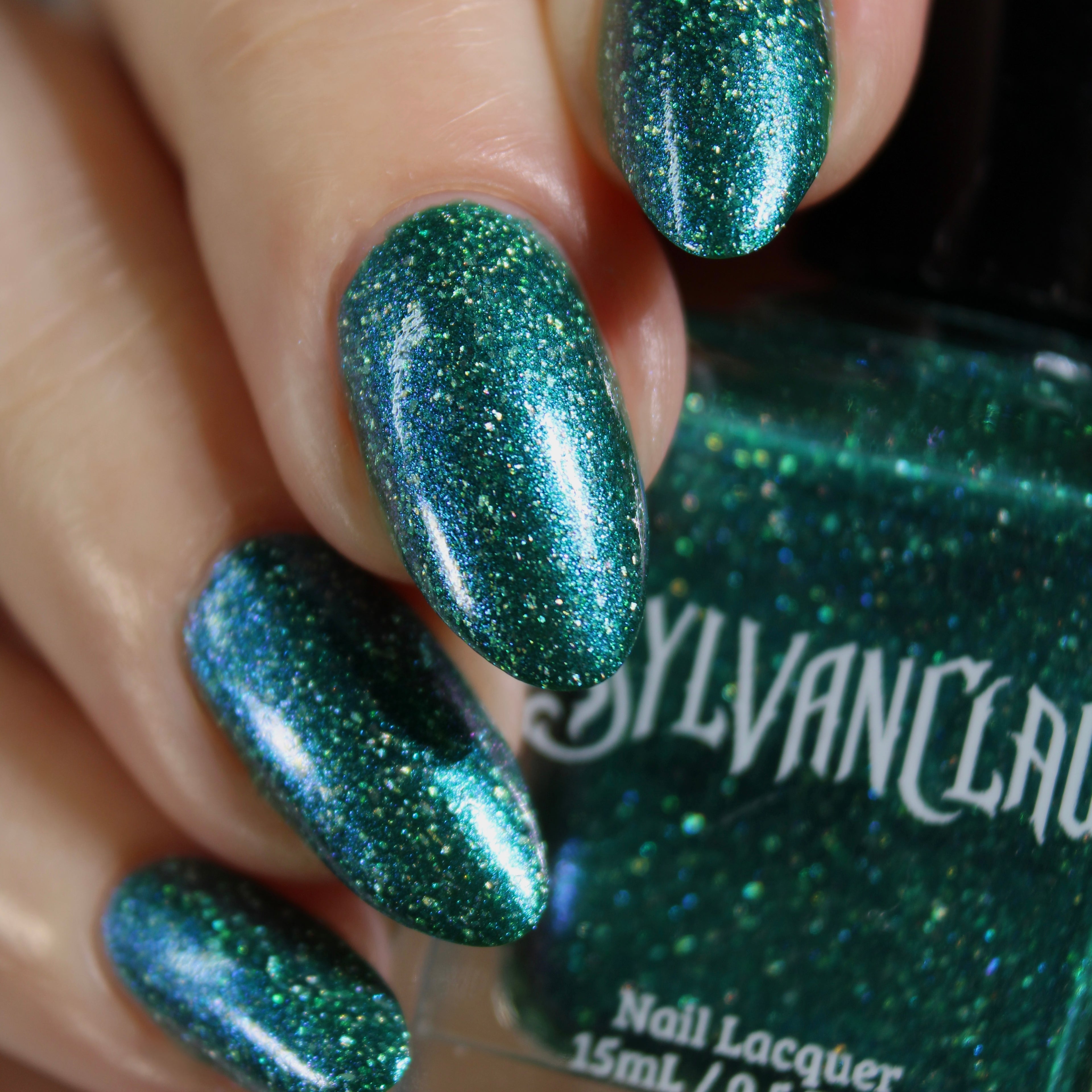 teal holographic nail polish, shimmer nails, sylvanclaw, bottle image, lovemesomesparkle
