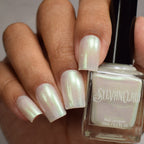 Bridal White Shimmer Nail Polish, Shimmer Nails, Bridal Nails, sylvanclaw, Nail Polish Bottle Swatch, thepolishedmage
