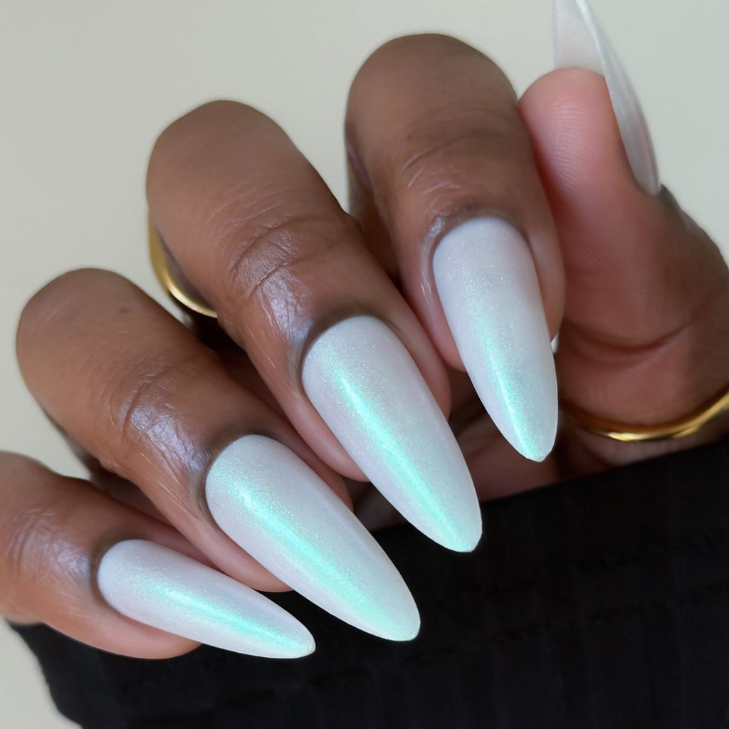 Bridal White Shimmer Nail Polish, Shimmer Nails, Bridal Nails, sylvanclaw, full hand swatch, itsglosstheory